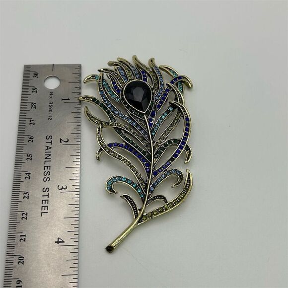 Vibrant Purple, Blue & Green Peacock Feather Rhinestone Large Statement Brooch - Picture 10 of 11